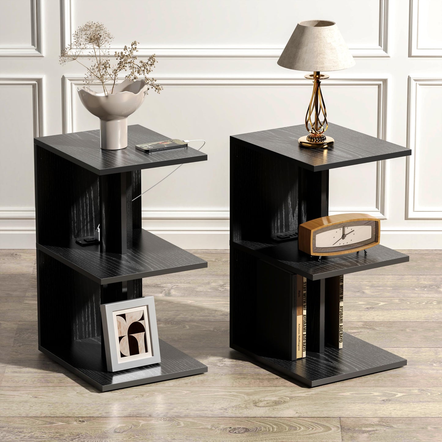 LOHDLE Set of 2 Side Table with Charging Station, 3 Tier Narrow Nightstand, End Table with USB Ports and Outlets for Small Spaces, Sofa Bedside Tables with Wheels for Living Room Bedroom(Black)