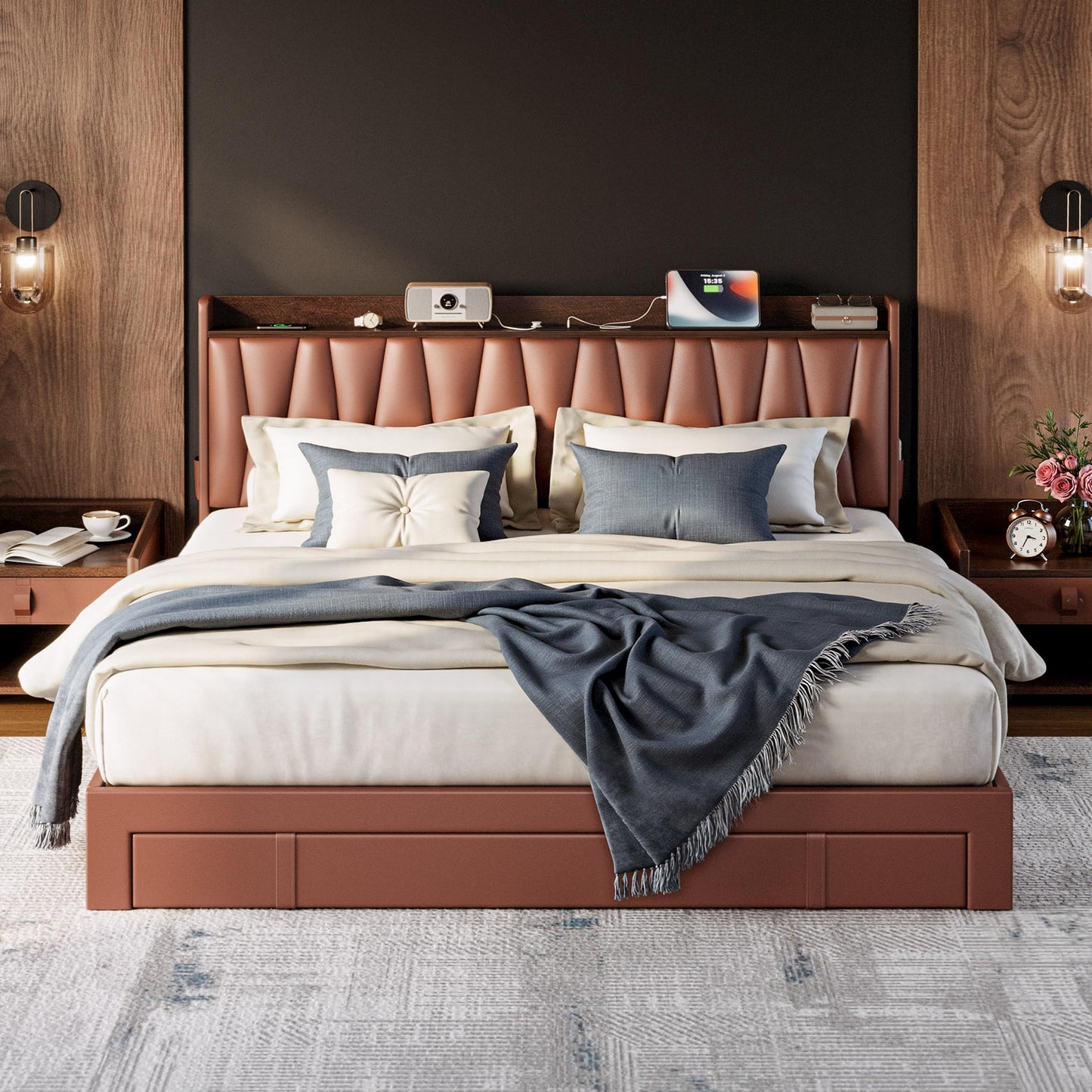ANCTOR King Bed Frame with 3 Drawers, Storage Headbord with Charging Station, Platform Storage Bed Frame for Bedroom, Living Room, No Box Spring, Faux Leather, Brown