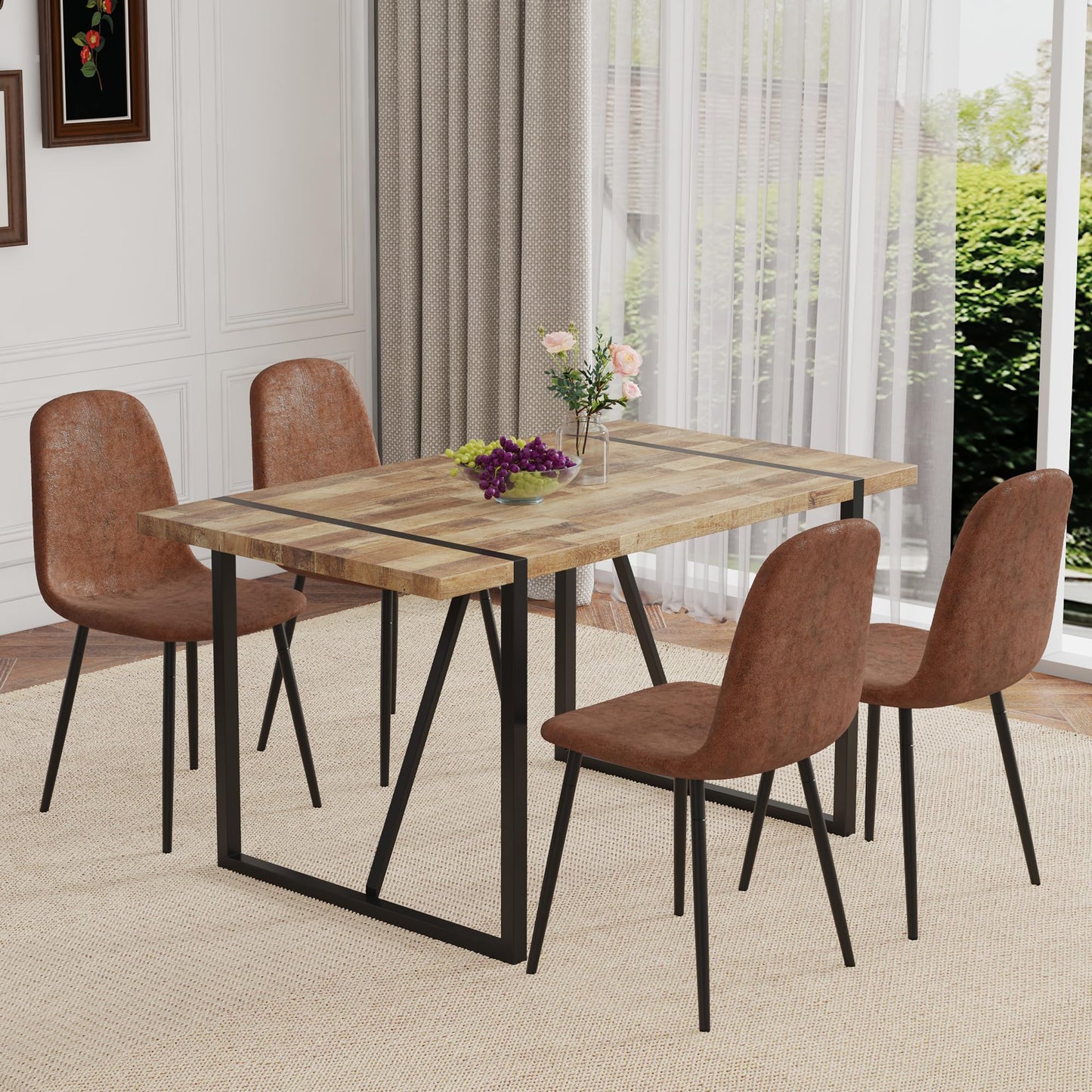 MUUOKY 55'' Dinner Table Set for 4, Rectangular Wood Kitchen Table Set for 4 with Ergonomic Chairs, 5 Piece Dining Tables Set for Kitchen and Dining Room