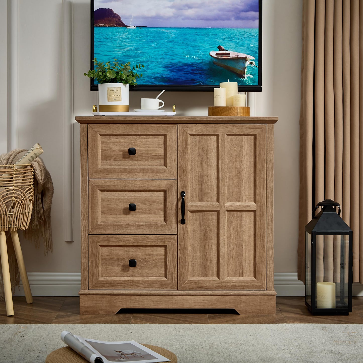 HDDDZSW 3+1 Dresser for Bedroom, Log Dressers Storage with Wooden Drawers and Cross Door, TV Stand Chest of Drawers for Bedroom, Living Room