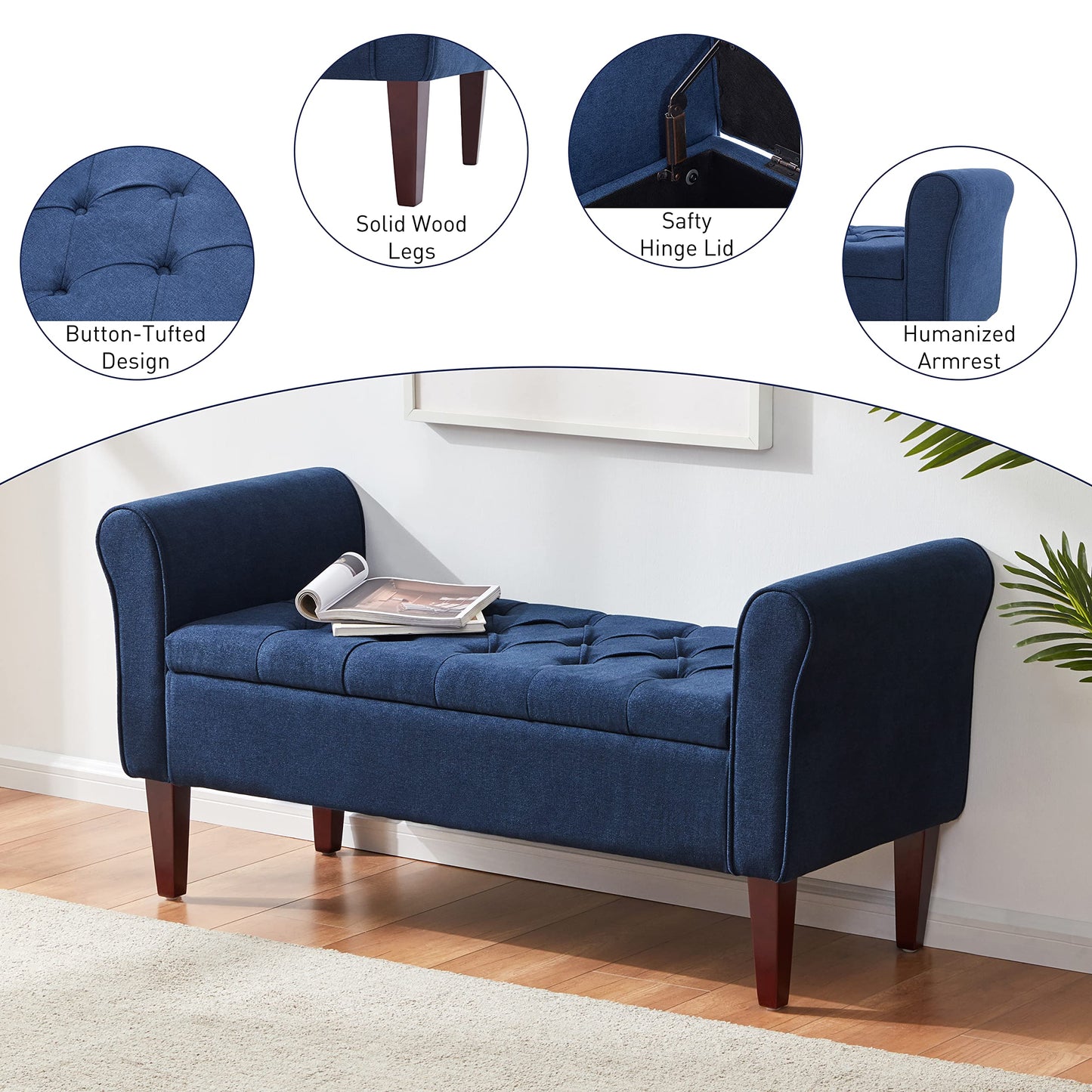 HUIMO 48" Arm Storage Ottoman with 7.5-inch Solid Wood Legs, Storage Bench, Upholstered Window Sitting Bench for Bedroom,End of Bed Bench Indoor, Livingroom, Entryway (Dark Blue)