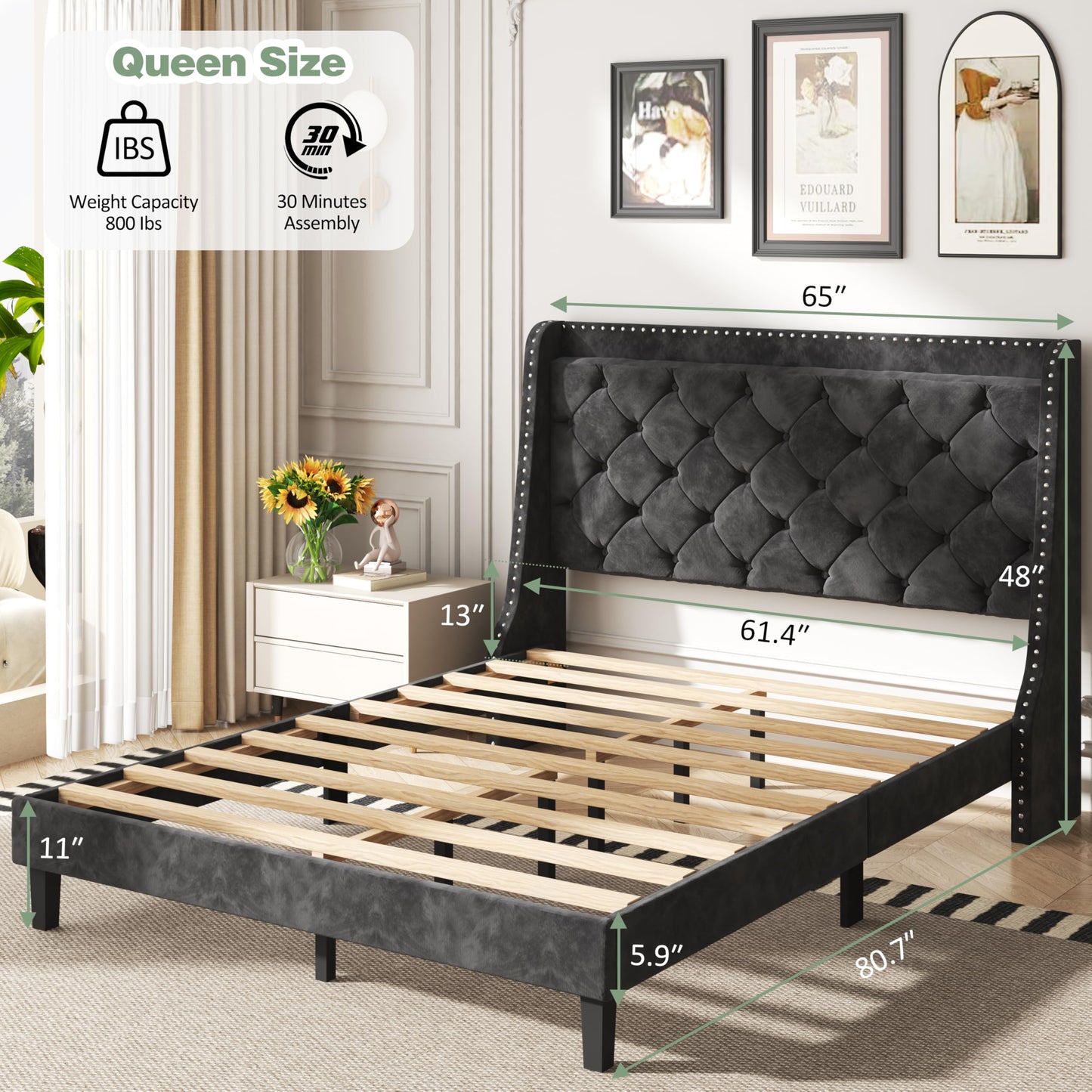 SUNLEI Queen Size Bed Frame with Diamond Tufted Headboard and Storage, Upholstered Platform Bed Frame Queen with 2 Large Wingbacks, Sturdy Wooden Slats Support, Easy Assembly, Velvet Black