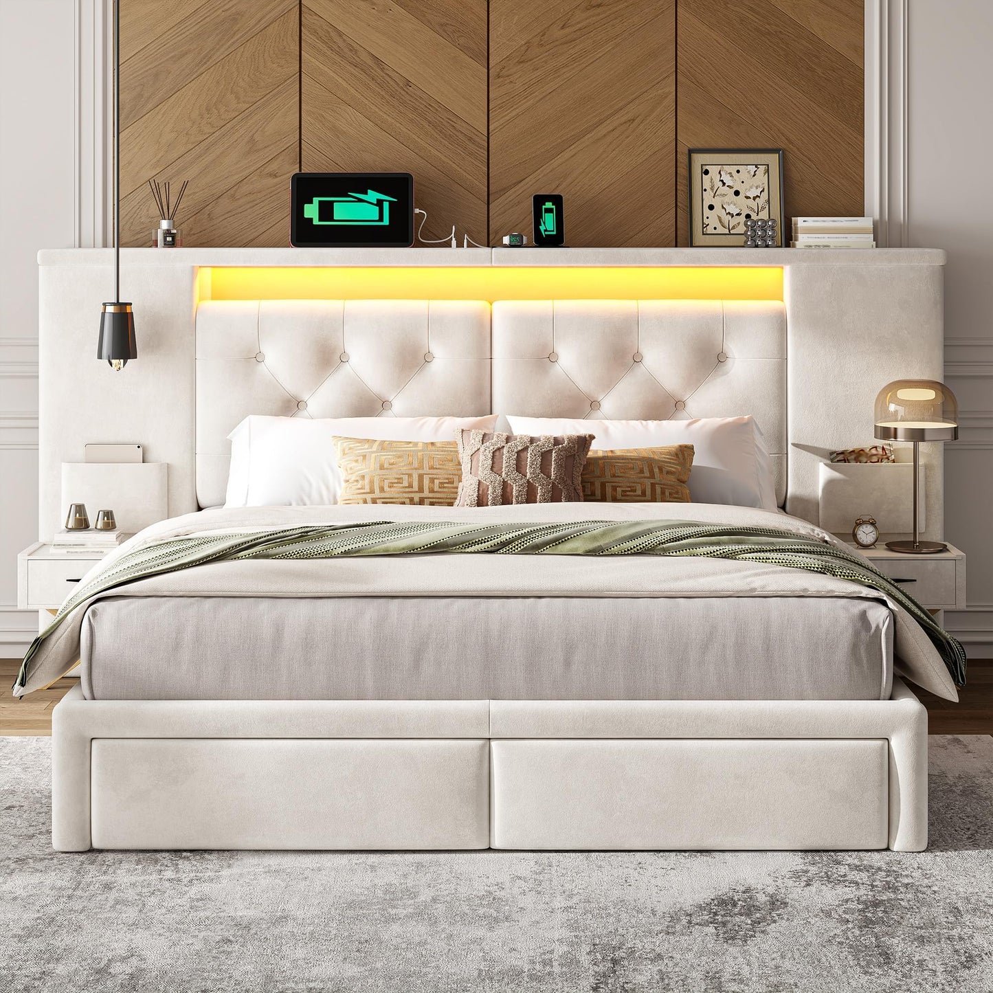 Homkdom Luxury Queen Bed Frame with 2 Storage Drawers and Upholstered Oversized Headboard, Modern Velvet Bed Frame with LED Lights and Charging Station, No Box Spring, Beige