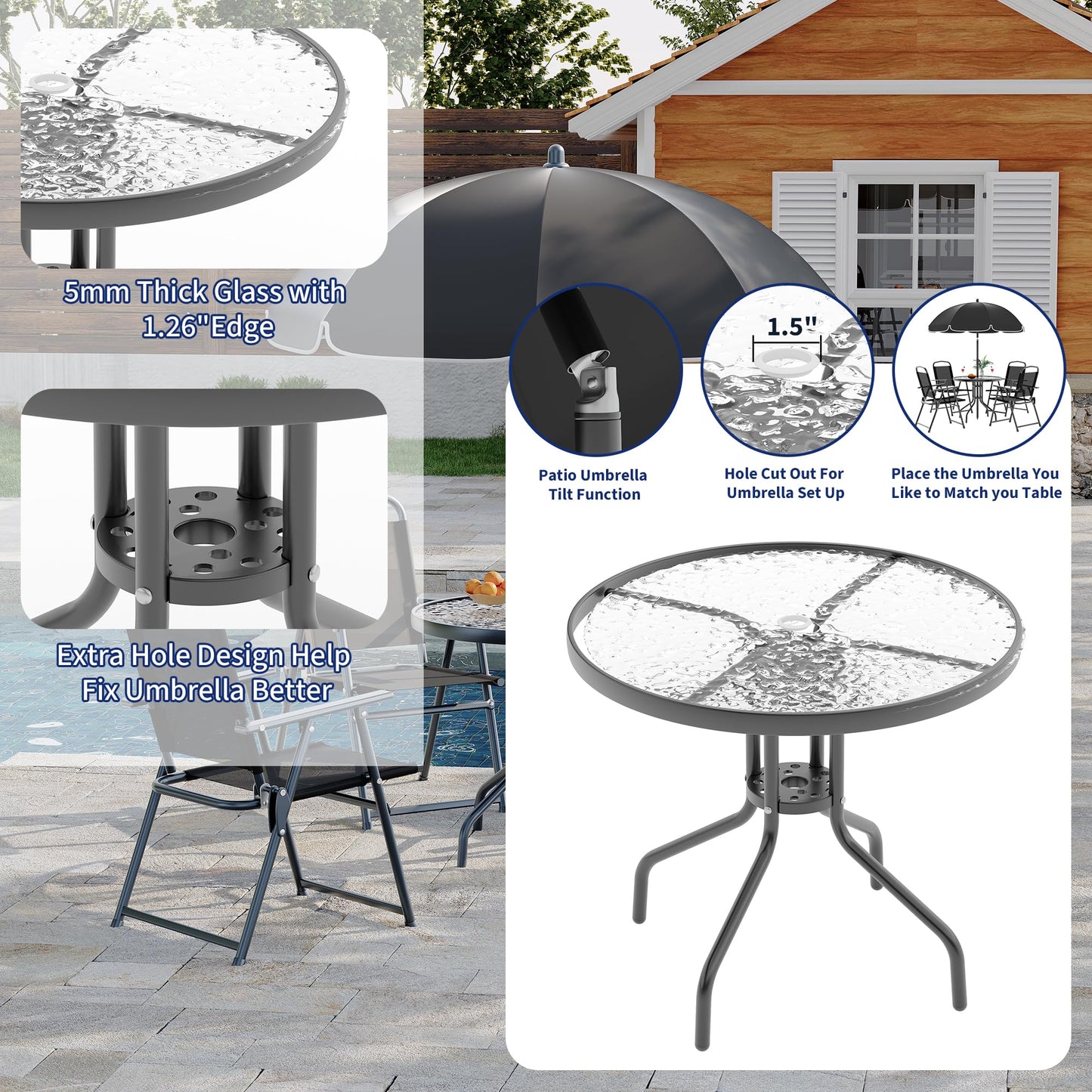 Patio Dining Set for 4 With Umbrella, Outdoor Furniture Set With 4 Folding Dining Chairs, Outdoor Table Umbrella Set With Tempered Glass Top Dinings Table