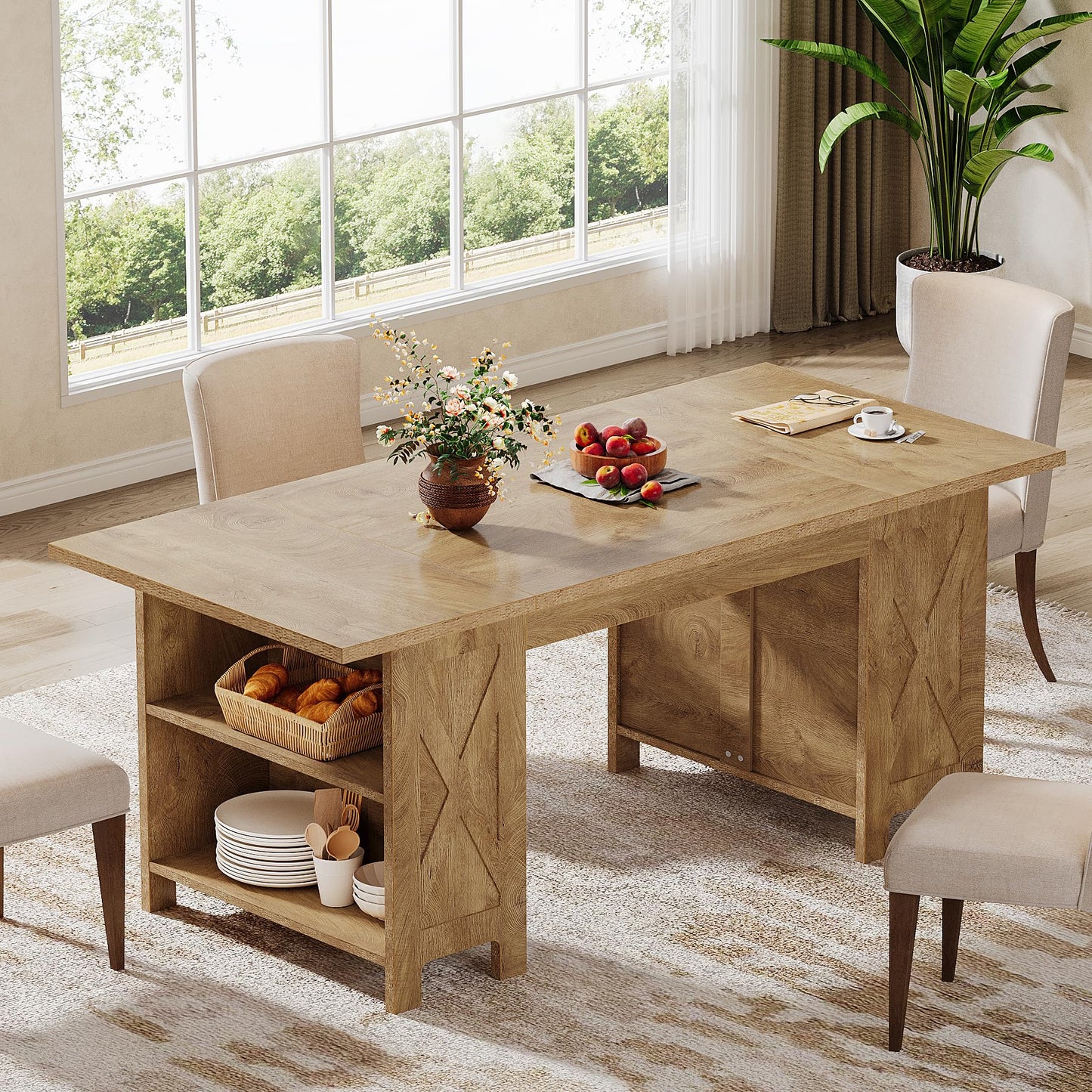 Tribesigns 63" Farmhouse Dining Table with Storage, Rectangular Wooden Kitchen Dinner Table for Dining Room, Living Room, Fit for 2-4 People, Rustic Brown
