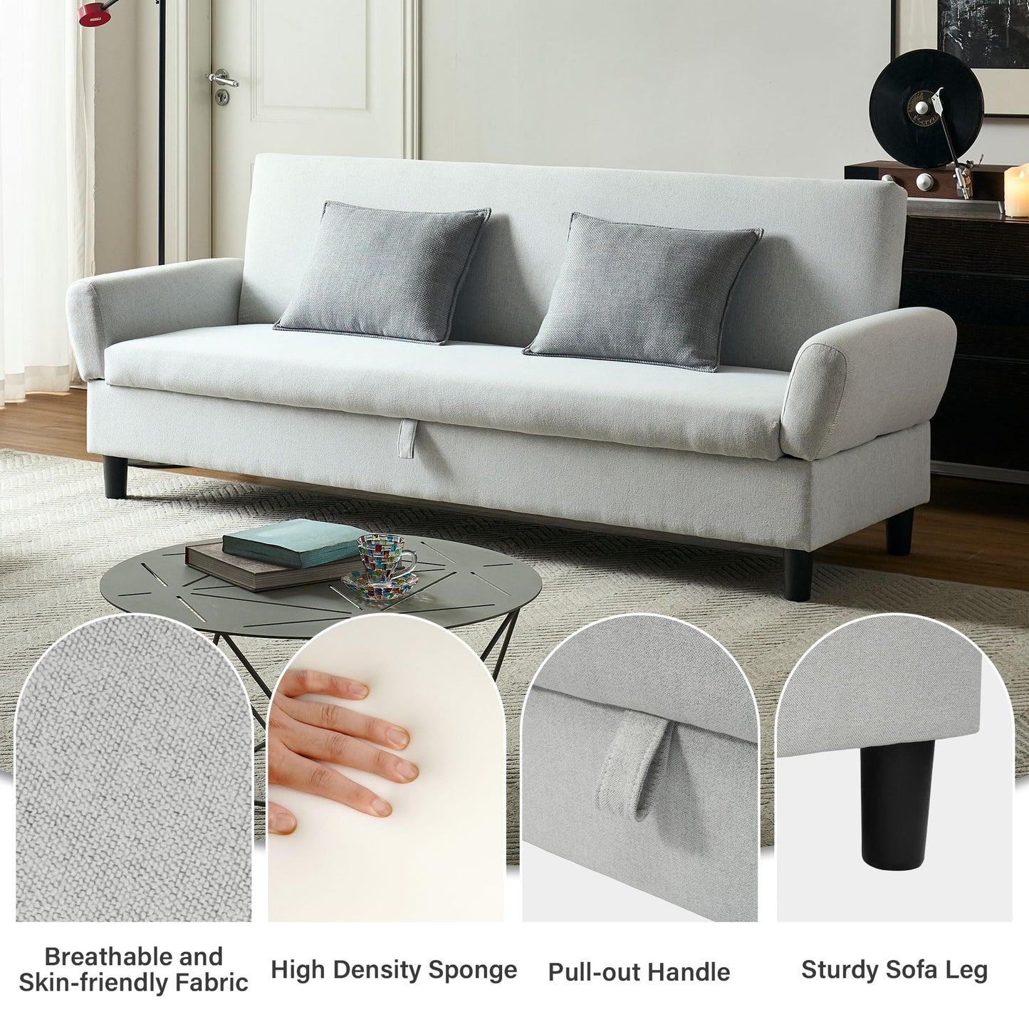 Convertible Futon Sofa Bed, 80.7" Adjustable Sleeper Sofa with Storage, 3-Seater Couch, 5-Position Reclining Back, 7" Thick Cushion, Twin Size Sofa for Small Spaces, Living Room, Bedroom, Dorm, Office