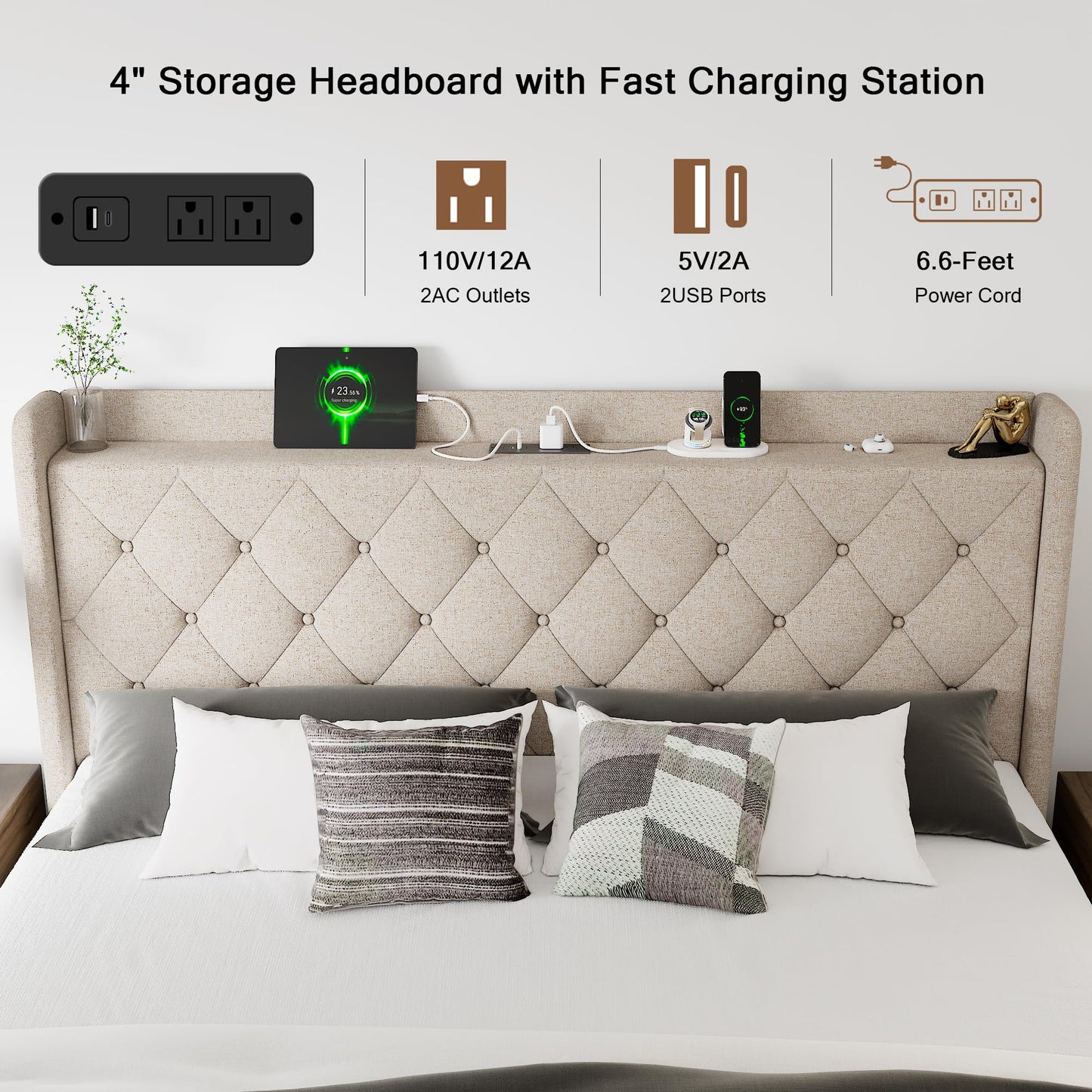 Einhomn Full Lift Up Storage Bed Frame with Charging Station, Upholstered Bed Frame with Storage, No Box Spring Needed, Noise-Free, Hydraulic Storage, Easy Assembly, Beige