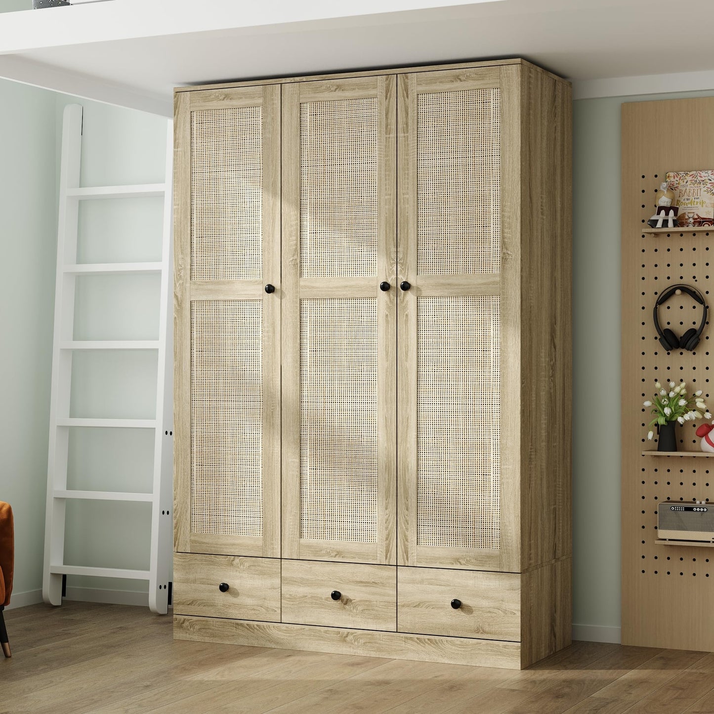 Hitow Ratten Wardrobe Armoire Closet, 3 Door Rattan Closet Wardrobe Cabinet with 3 Drawers & Hanging Rod, Storage Wardrobe Armoire Dresser for Bedroom Organizer (47.2" W x 18.9" D x 70.9" H)