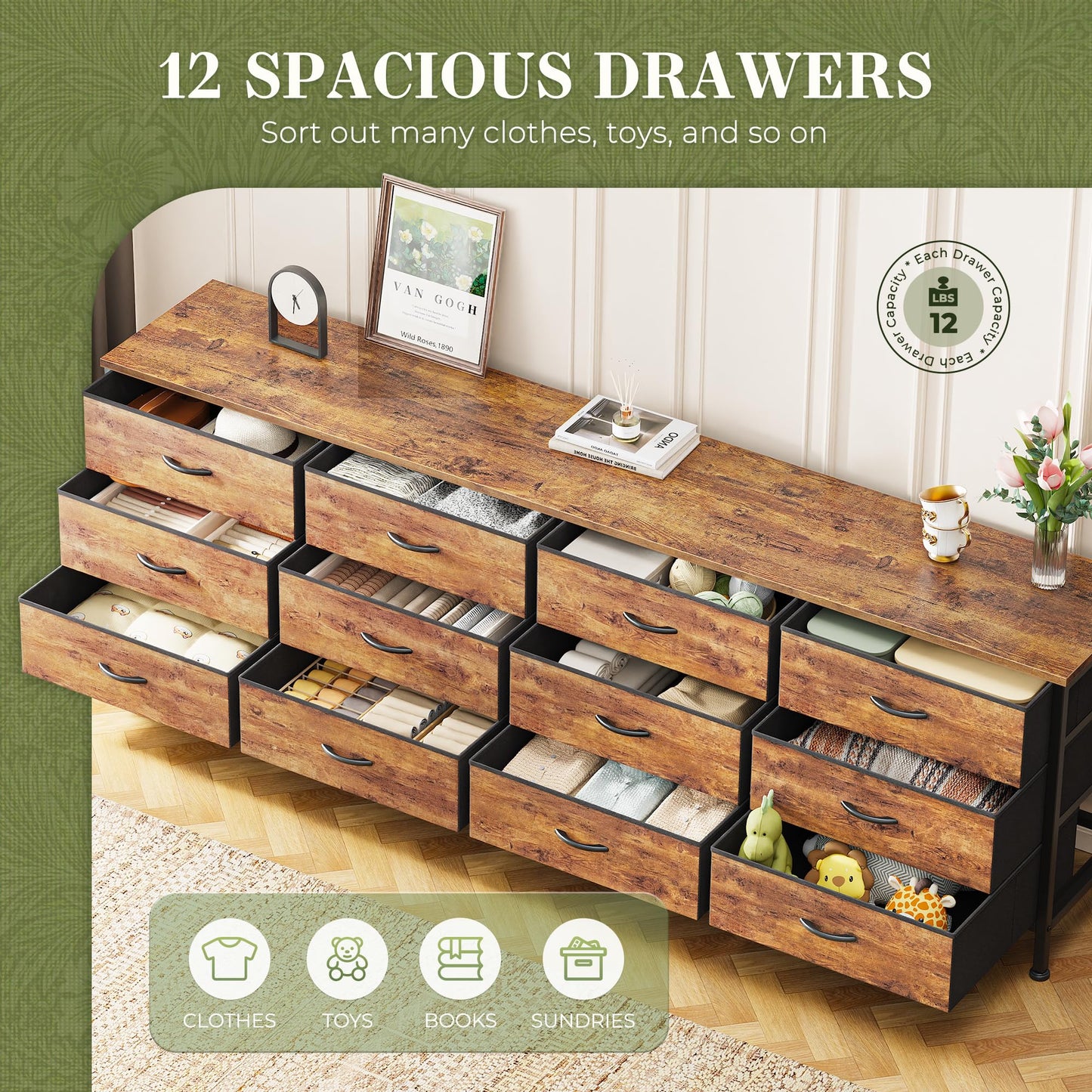 Huuger 70 Inch Dresser for Bedroom, TV Stand for 65, 75, 80 Inch TV, 12 Fabric Drawer Long Dresser, Large Entertainment Center for Bedroom, Wide Chest of Drawer with Storage, Rustic Brown