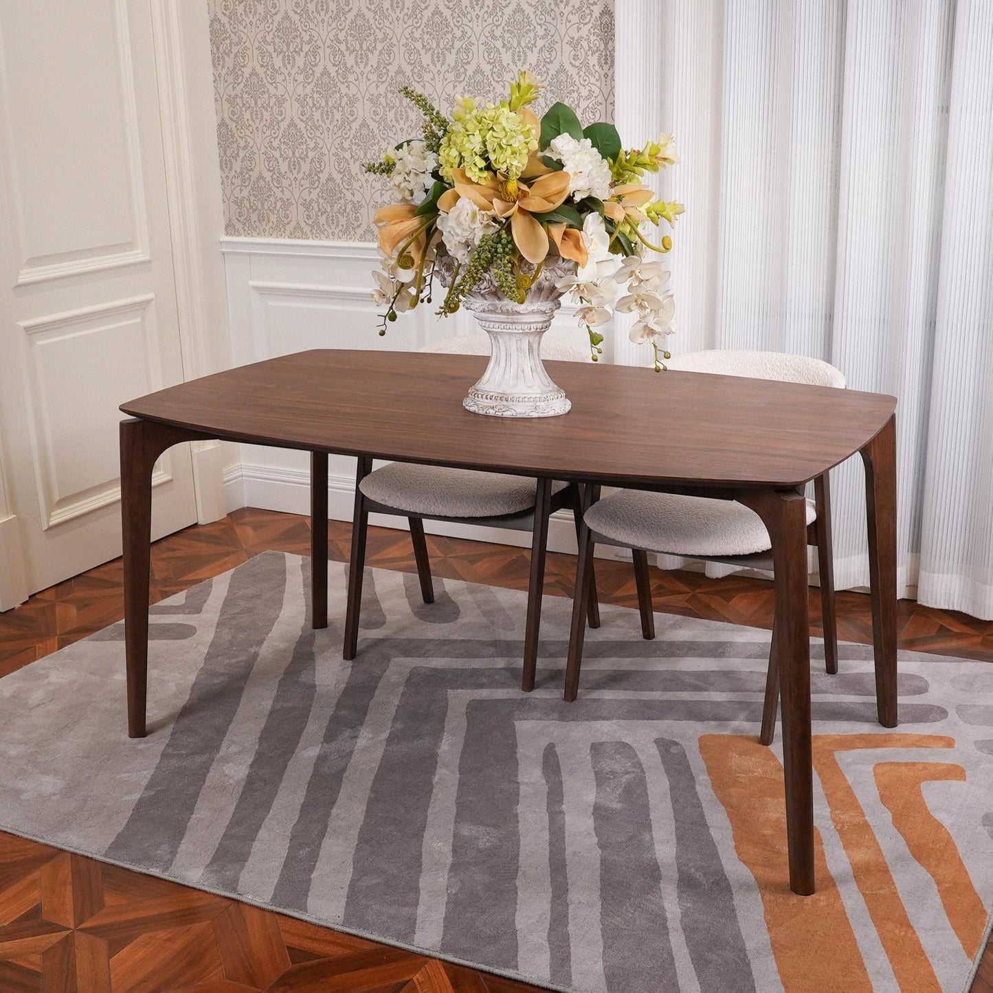 CONSDAN Dining Table Set for 4-6, Includes 1 Table & 4 Chairs, Walnut Veneer Top, Solid Wood Frame, Natural Wood Grain, Easy Assembly, Modern Design