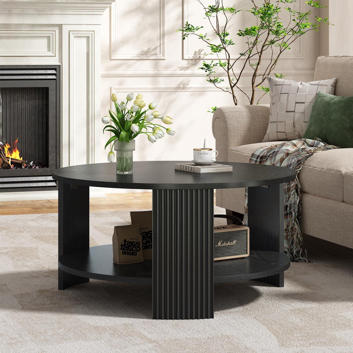 Furniouse Round Coffee Table 31.5''in Modern Coffee Table with Fluted Legs, 2 Tier Circle Wood Coffee Table with Storage for Living Room, Black