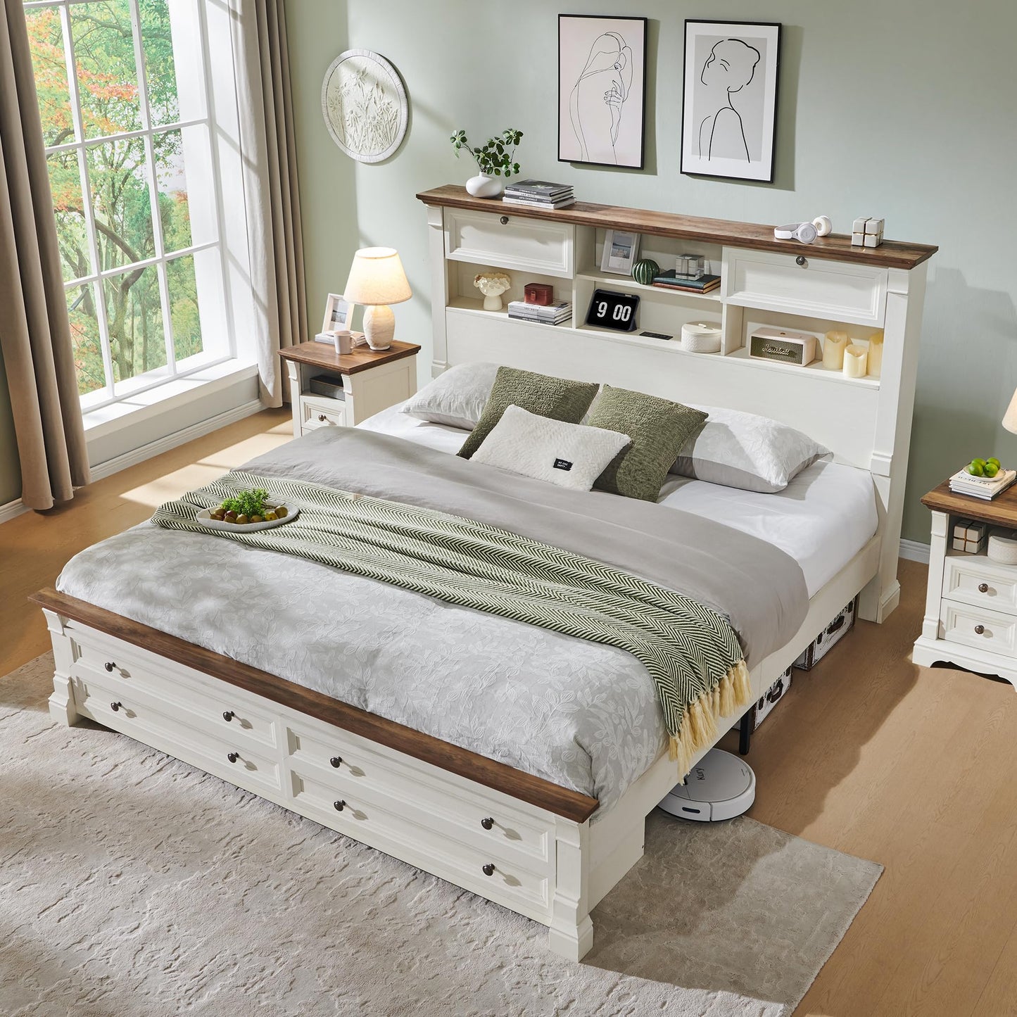 Farmhouse King Size Bed Frame with 54" Tall Headboard, Wood Platform Bed Frame with 18" Tall Roman Column Decoration Footboard & 2 Large Storage Drawers, No Box Spring Needed(Antique White)