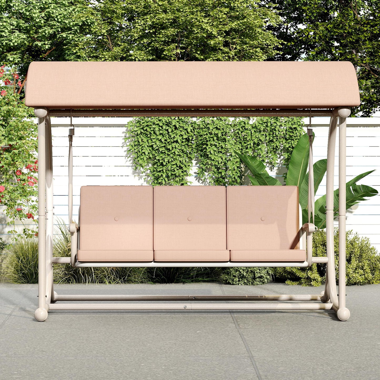 DAYARUS Modern Porch Swing with Stand, 3 Person Outdoor Patio Swings with Canopy, All Weather Backyard Swing for Adults, 2 in 1 Patio Swings Bed with Cushions, 600LBS Heavy Duty Outdoor Swing, Khaki