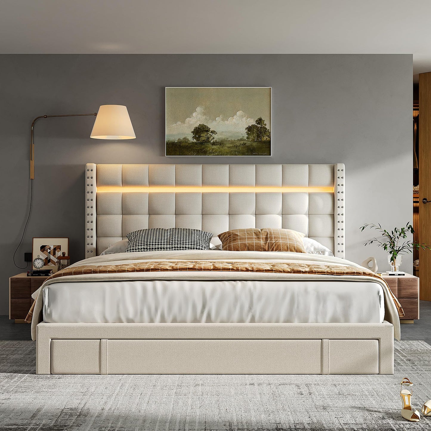 EnHomee Queen Bed Frame with 3 Storage Drawers Upholstered Bed Frame Queen Size with LED and Adjustable Headboard Noise Free No Box Spring Needed Easy Assembly, Beige