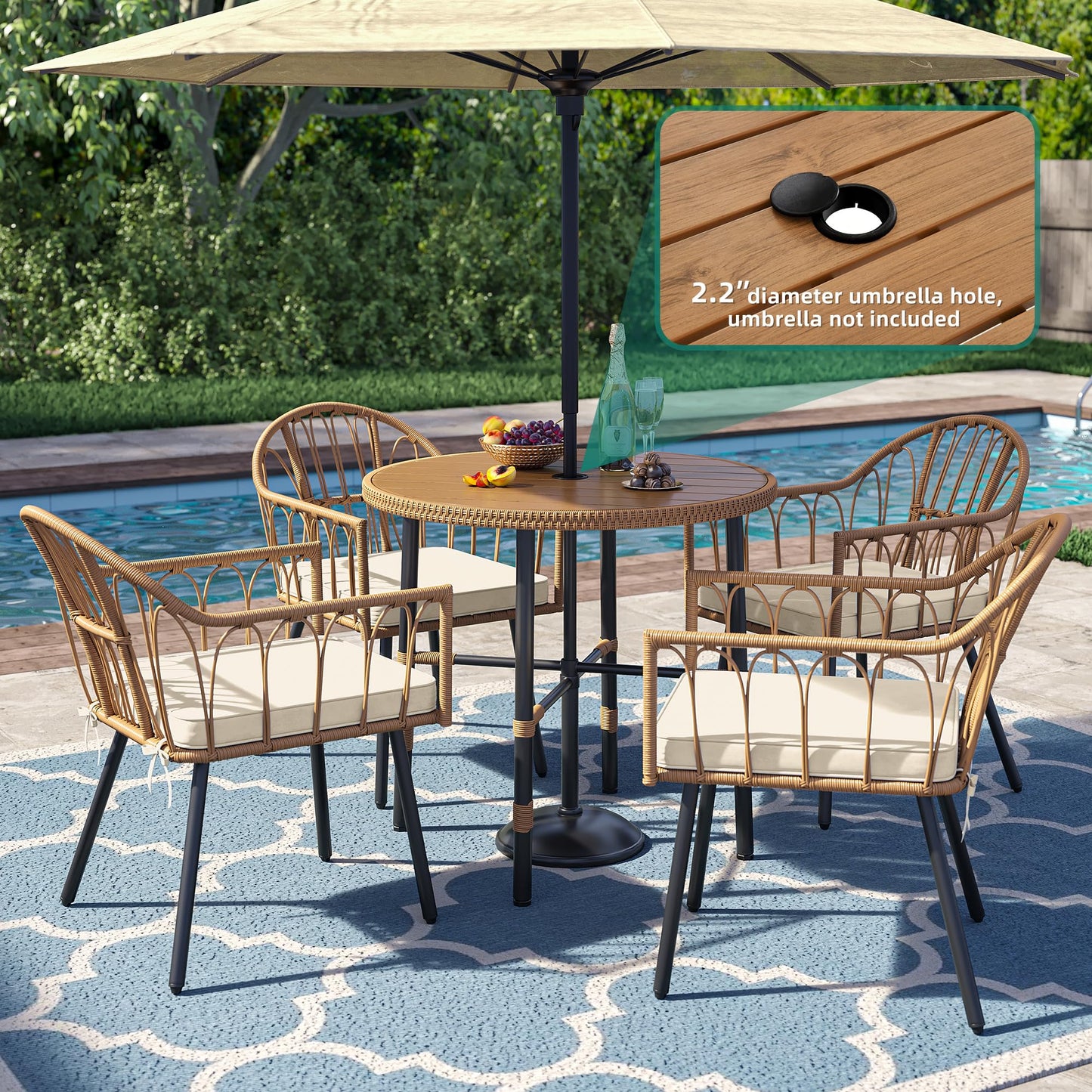 YITAHOME 5 Pieces Outdoor Patio Dining Table Chair Set,Wicker Patio Dining Set,Outdoor Rattan Dining Table Set for Patio, Backyard, Balcony, Garden (with Umbrella Hole)