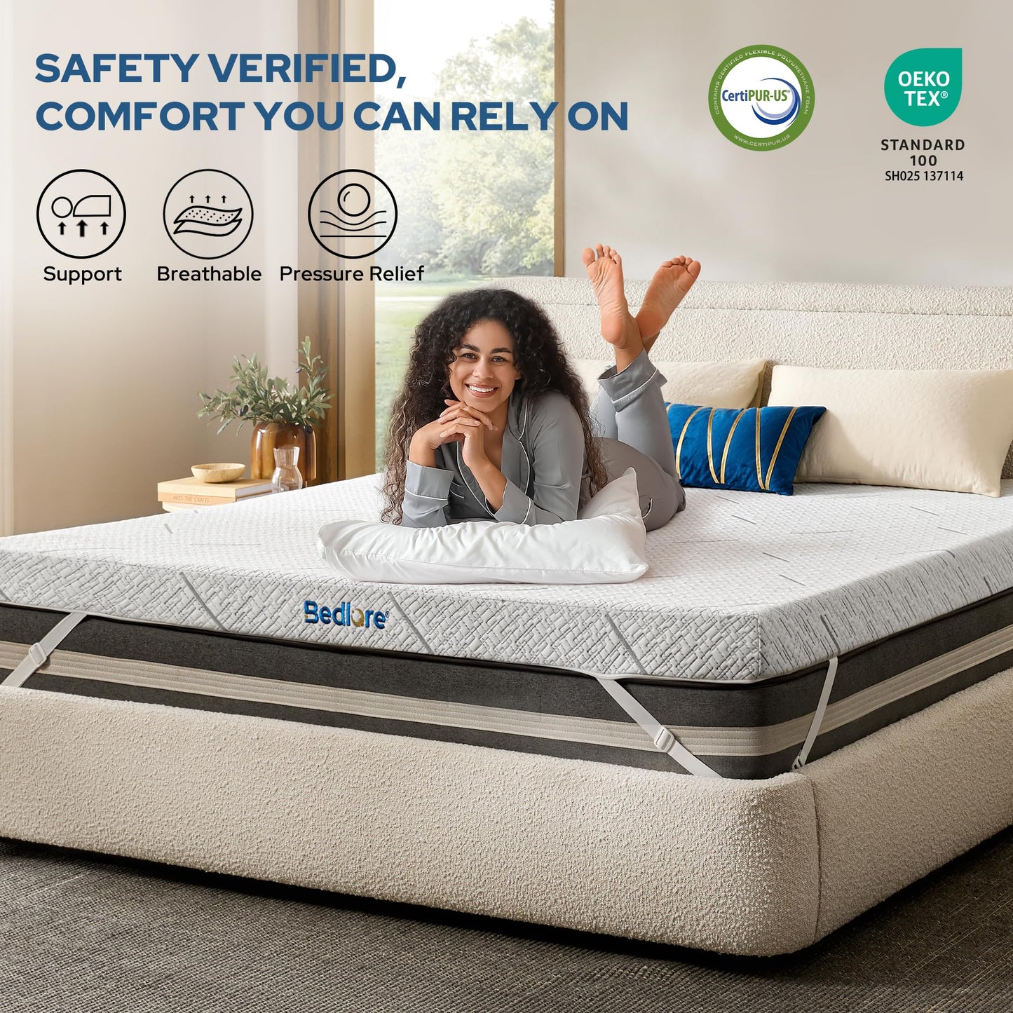 BEDLORE King Mattress Topper, 3 Inch Gel Memory Foam Mattress Pad with Straps for Back Pain Relief, Breathable & Non-Slip with Removable Washable Cover