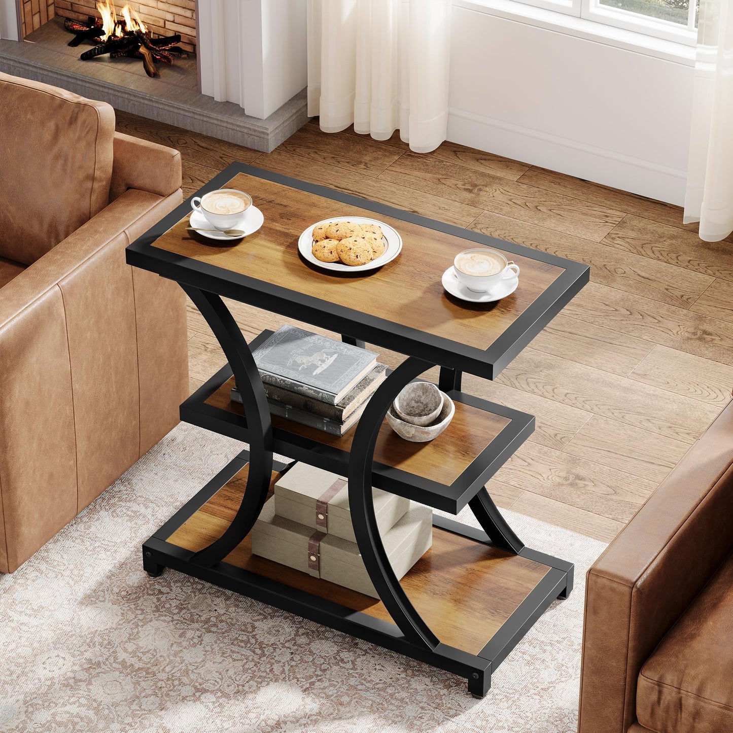 Tribesigns End Table with Storage, 3-Tier Side Table with Geometric Metal Design, Industrial Nightstand for Small Spaces, Living Room, Bedroom, Study Room (Rustic Brown)