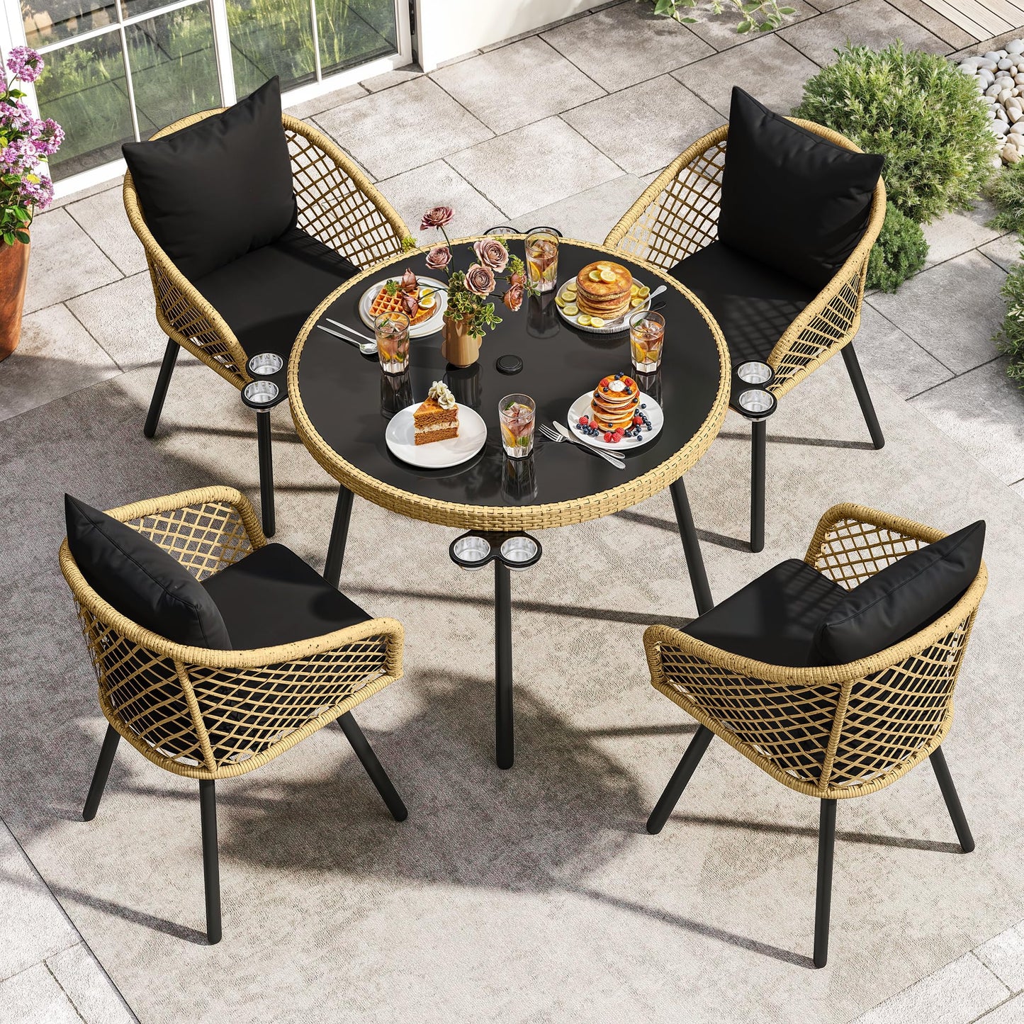 YITAHOME 5 Piece Outdoor Dining Set w/Padded Cushions, Round Patio Table and Chairs with 4 Rattan Chairs, Glass Top Dining Table & Cup Holders for Patio, Backyard, Garden, Porch, Light Brown & Black