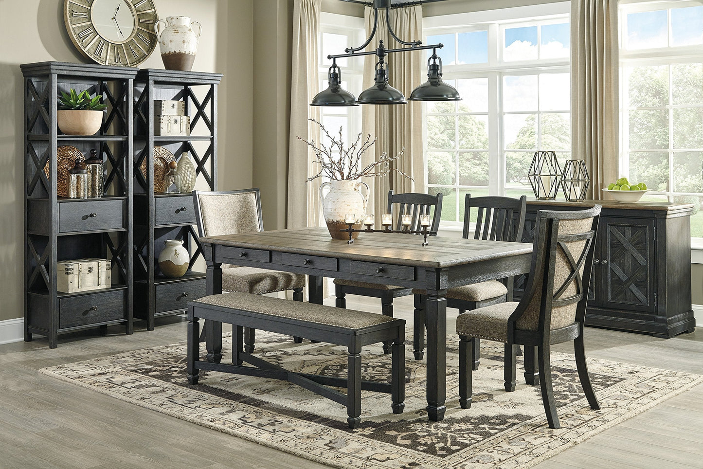 Signature Design by Ashley Tyler Creek Modern Farmhouse Upholstered Dining Room Bench, Antique Black Finish