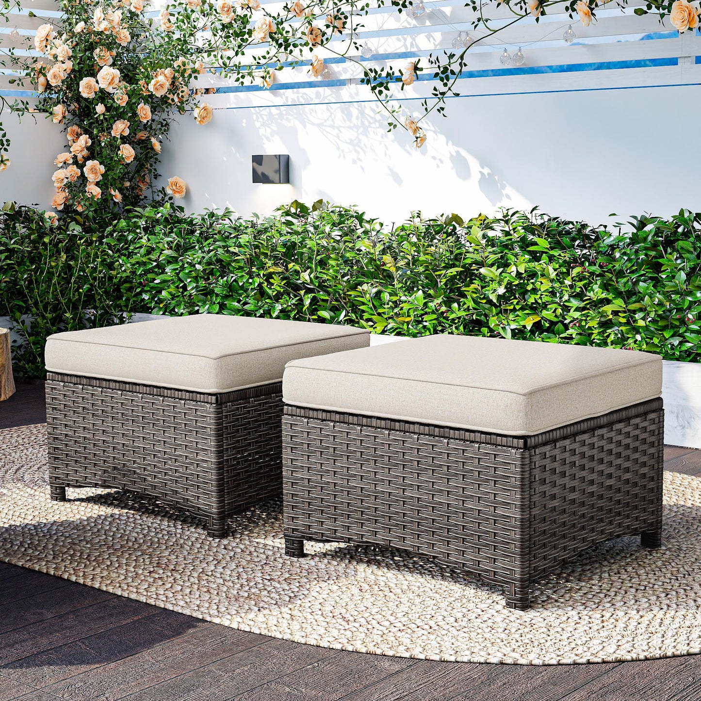 MaxMulti 2 Pieces Patio Ottomans, Outdoor Wicker Footrest Seat with Removable Cushions, Multipurpose Patio Furniture for Outdoor, Backyard and Deck Use (Beige)