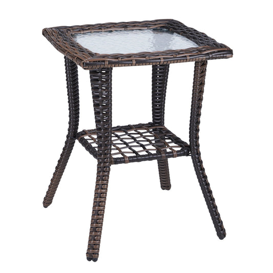 Buytoshop Outdoor Wicker Side Table, Rattan End Table with Glass Top, Patio Coffee Bistro Table for Garden Porch Balcony, Brown