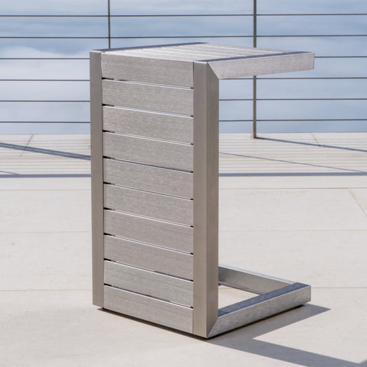 Silver C-shape Patio Side Table For Chairs, Aluminum Outdoor End Table