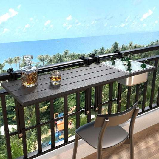 WMZP Upgraded Balcony Table Outdoor Patio Bar Table with Durable Composite Tabletop Aluminum Alloy Frame Hanging Folding Adjustable with Removable Ice Bucket, Easy Assembly (10Mins),43.5" L